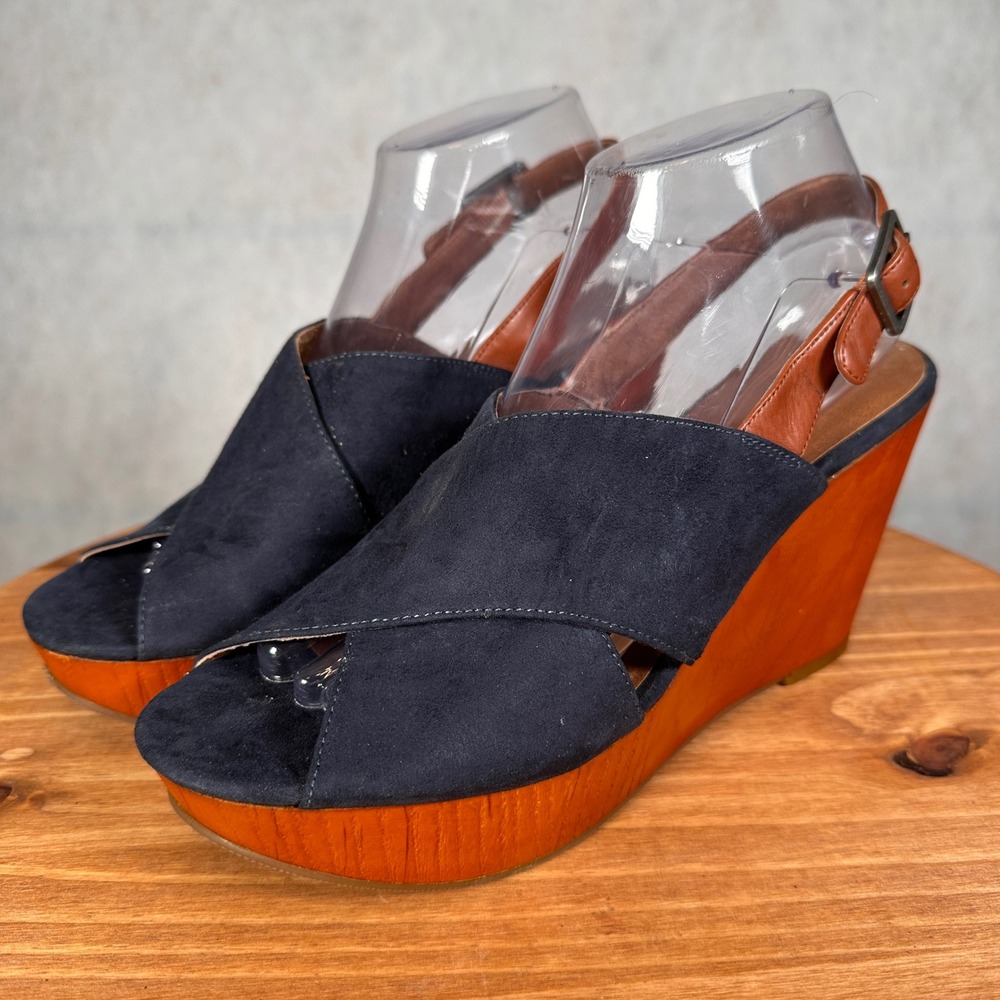Lucky Brand Wedge Sandals Womens 9 Navy Blue Wood Platform Slingback Good